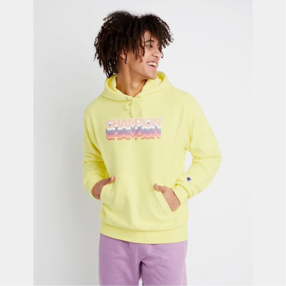 Champion Reverse Weave Hoodie Mens‎ Medium Yellow Graphic Logo Cadmium Sporty